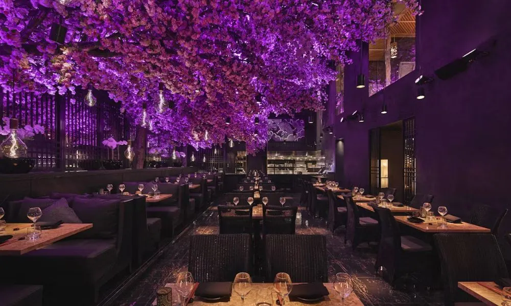 purple decor at tattu in birmingham