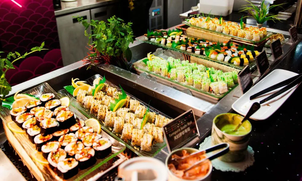 array of sushi in buffet style