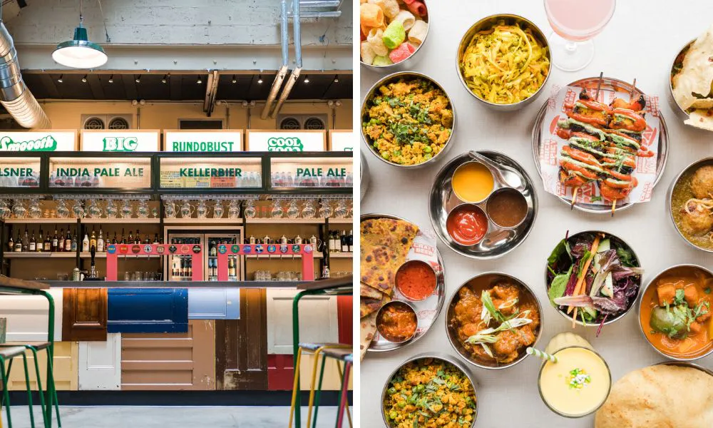 brewery with high stools and selection of indian small plates