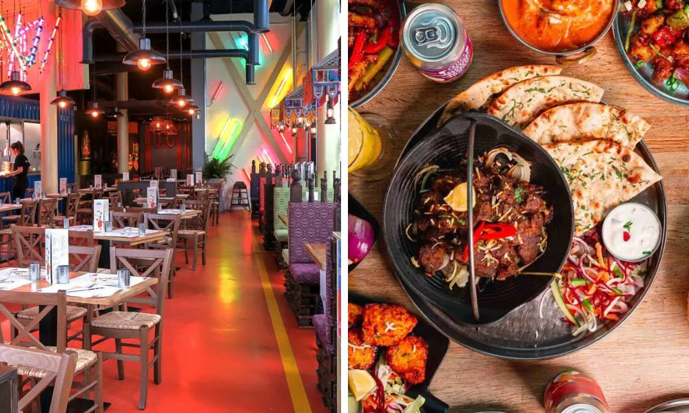 colourful dining hall and beef with naan bread