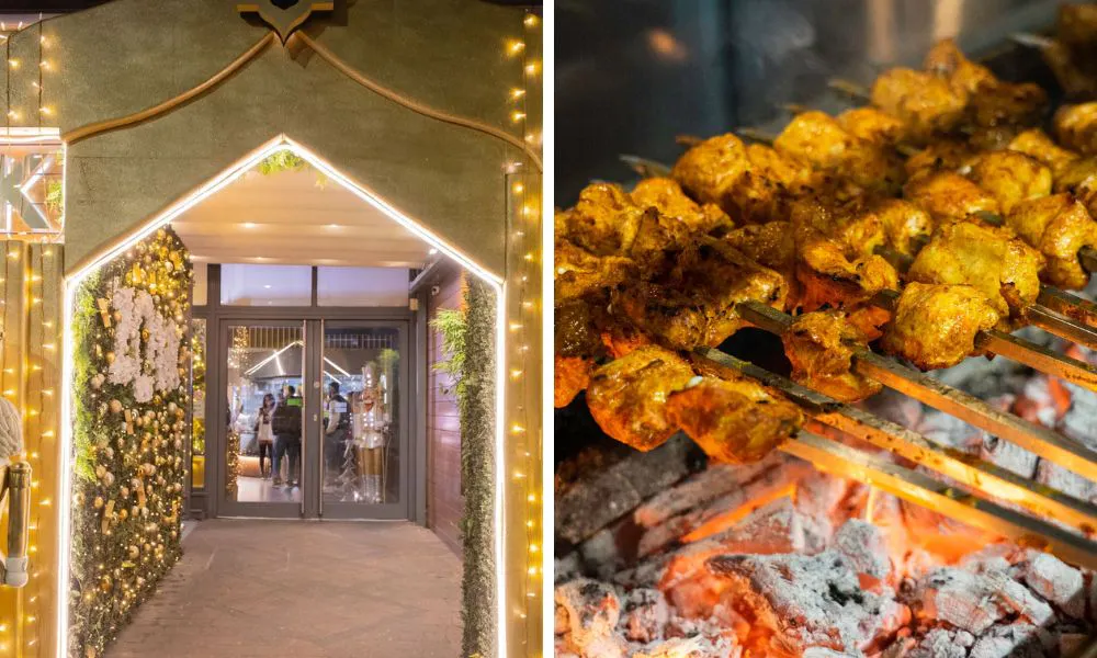 fairy light entrance and kebab cooked over fire
