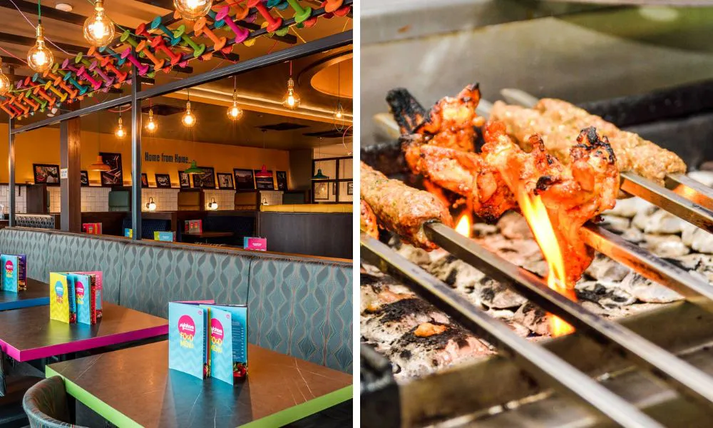 colourful dining hall and kebab cooked over fire