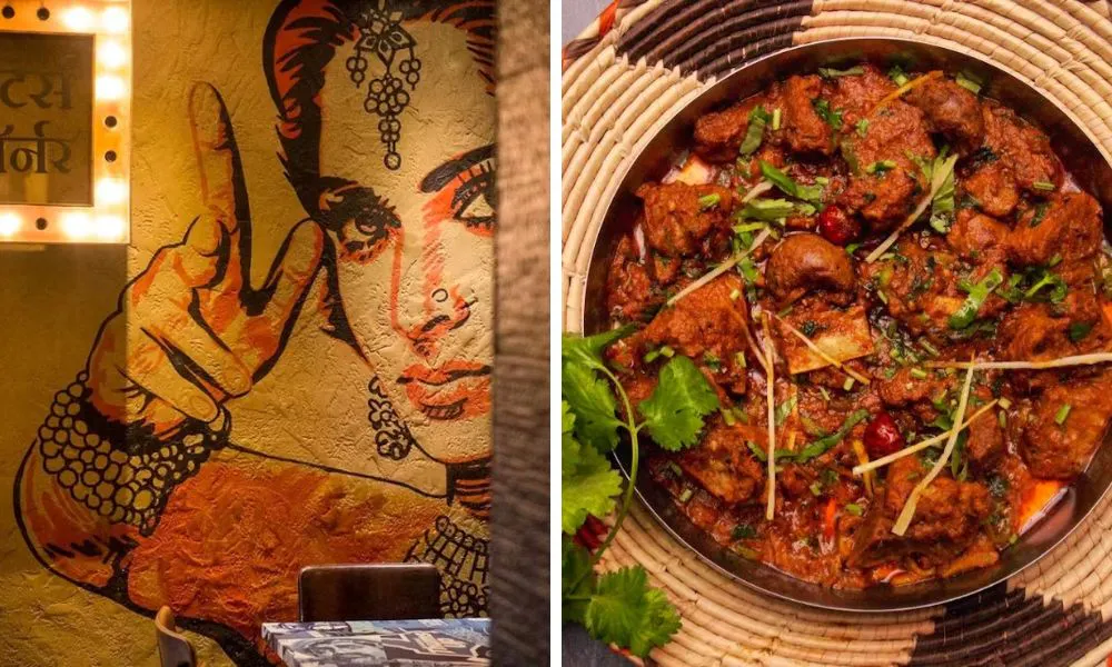 mural in restaurant and bowl of beef curry