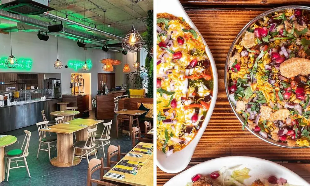 dining hall with neon lights and selection of indian salads