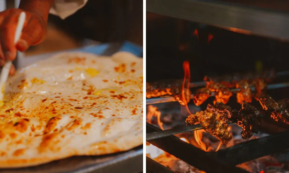 naan being coated with butter and kebabs cooked over fire