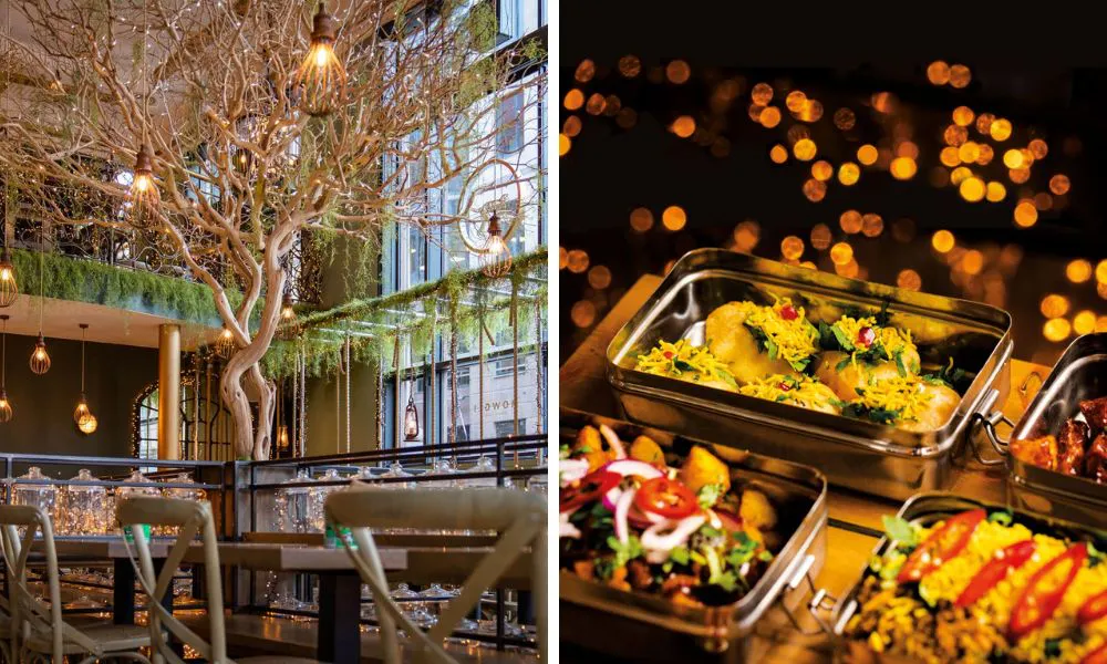 fairy lights interiors and array of indian plates