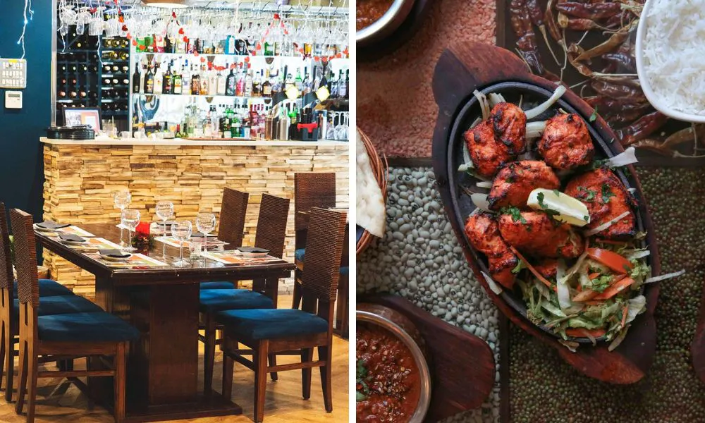 table setting and plate of tikka