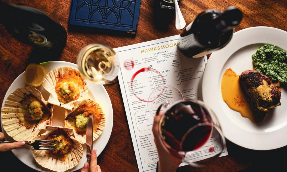 red wine, scallops, and steak at Hawksmoor
