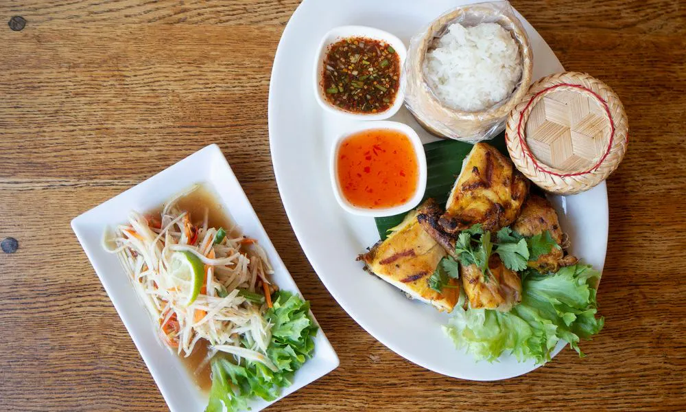 an aerial shot of a selection of Thai food