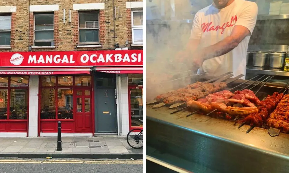 the exterior of Mangal 1, and kebabs being cooked on a grill