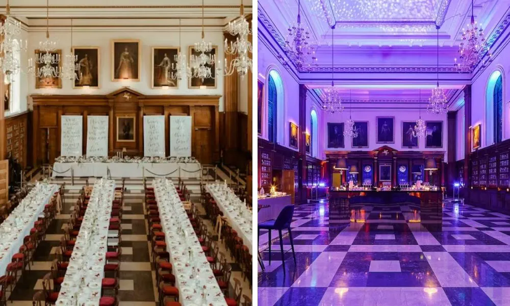 big hall for weddings and dancefloor with purple lighting