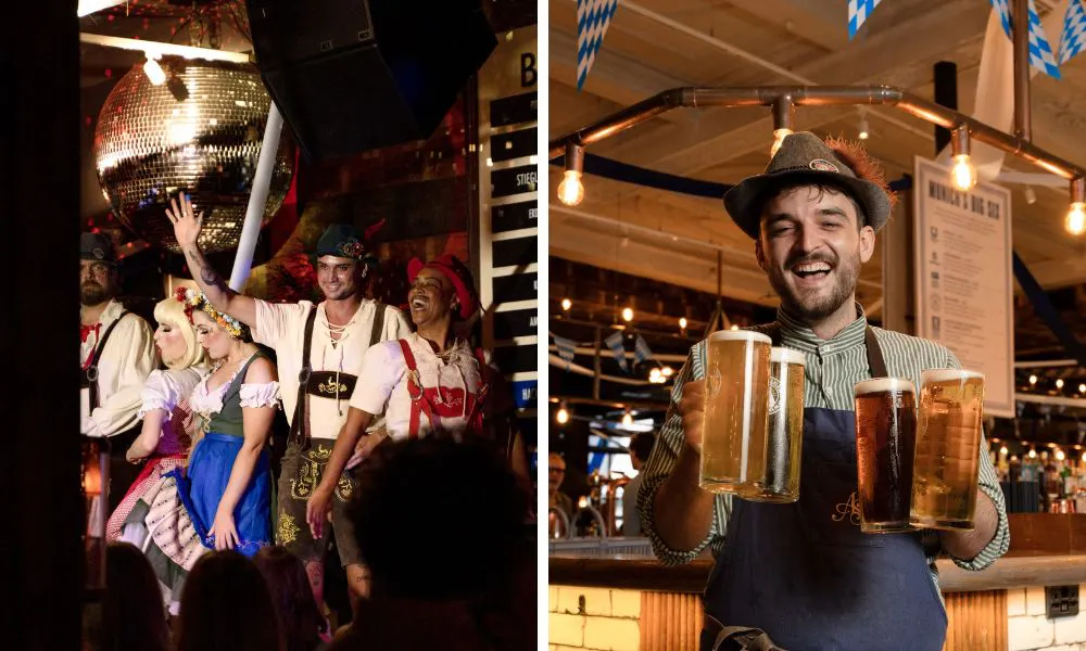 people celebrating oktoberfest and waiter carrying steins