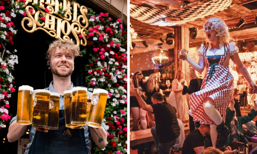 people celebrating oktoberfest and waiter carrying steins