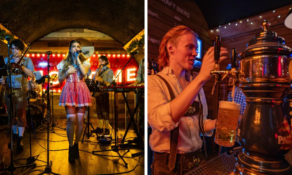 traditional german beer tap and dirndl clad performer