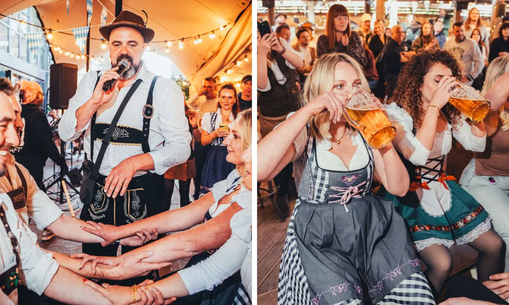 live brass band and waiter serving steins