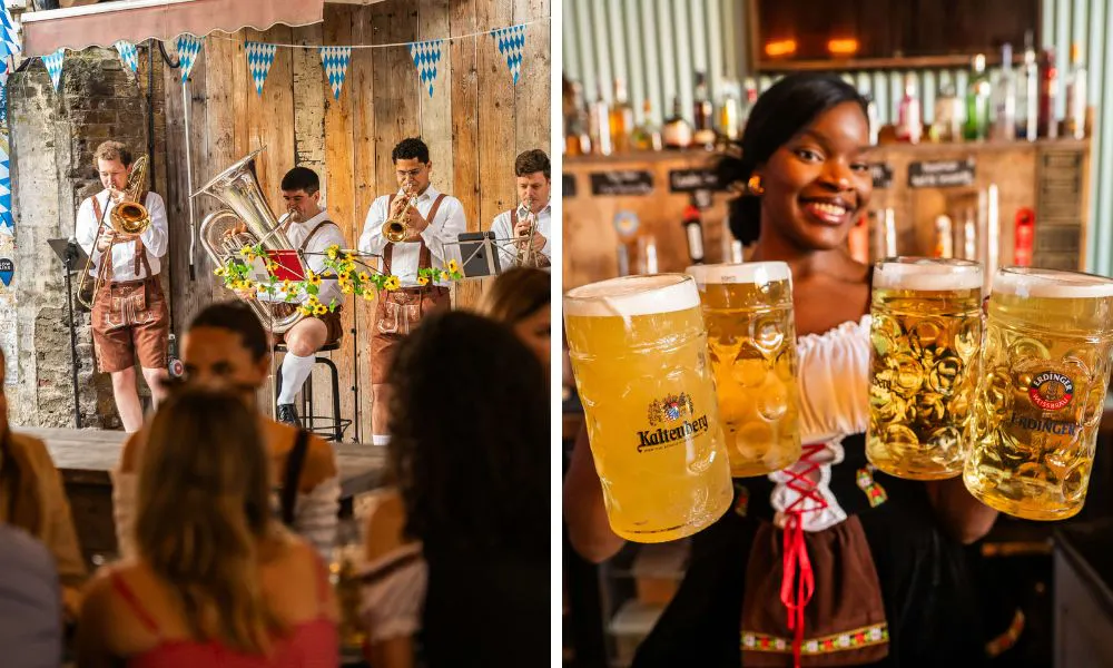 live brass band and waiter serving steins