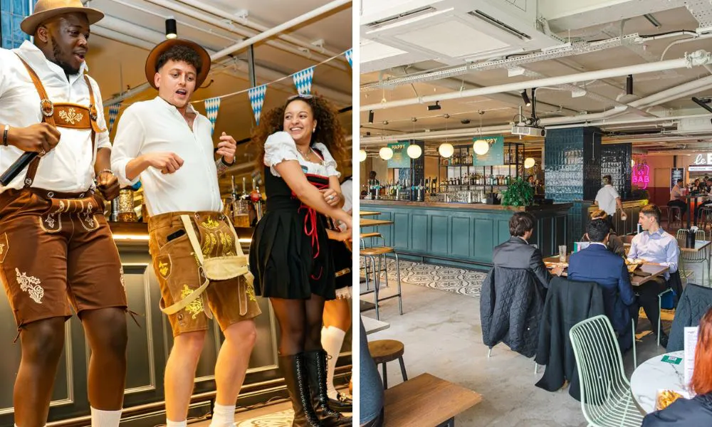 people dancing in bavarian dress and inside of street food hall