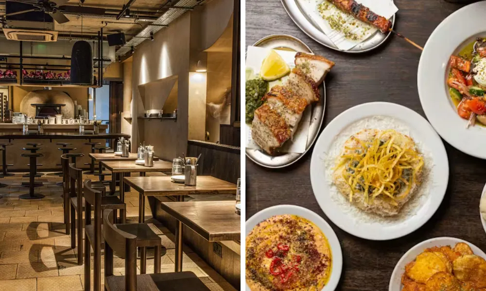 hummus spread and dining room at agora