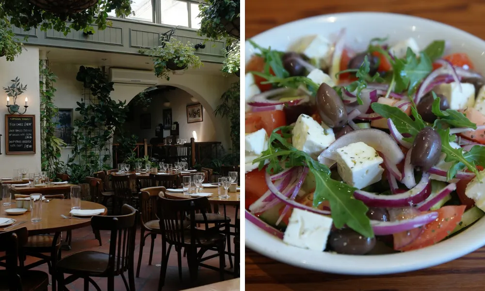 dining room at lemonia and greek salad