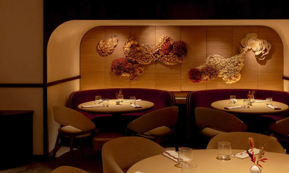 cream and taupe dining room at Bonheur restaurnat