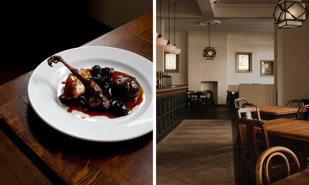 dish with poultry leg (left) and modern pub interiors (right)