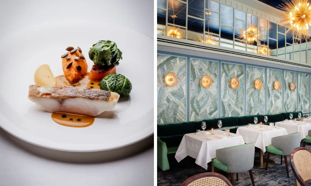 Fine dining seafood dish and Capital hotel dining room