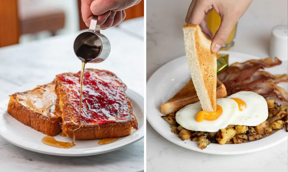 Hand pouring syrup on toast
