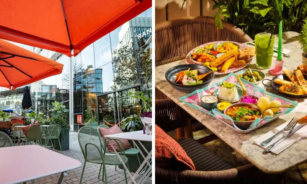 outdoor terrace and array of brunch plates