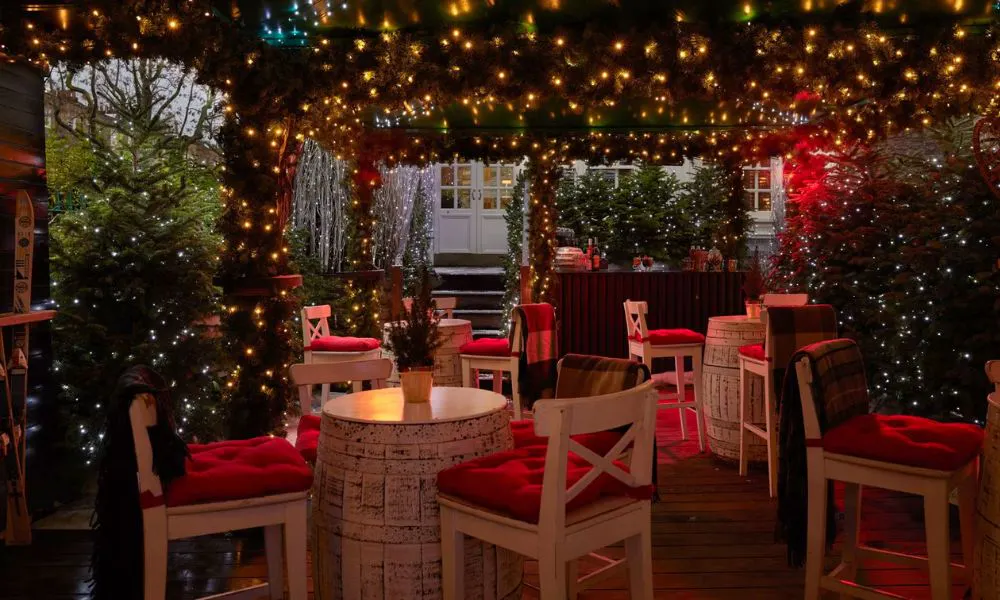 Montague Ski Lodge with fairy lights and Christmas trees