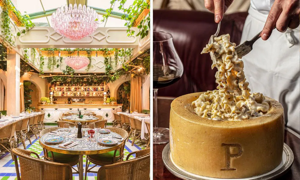 The mezzanine, and cheese wheel pasta