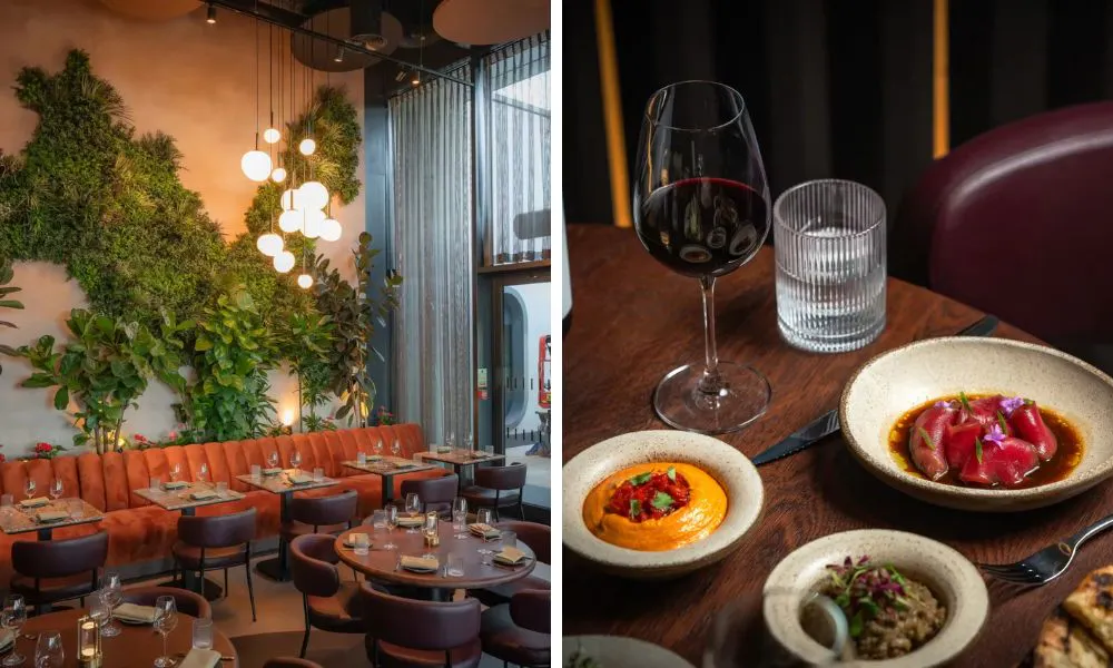 elegant restaurant interiors with ivy-clad walls, and a selection of mezze style dishes on a table