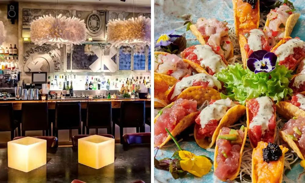 restaurant with light features and sushi tacos with edible flowers