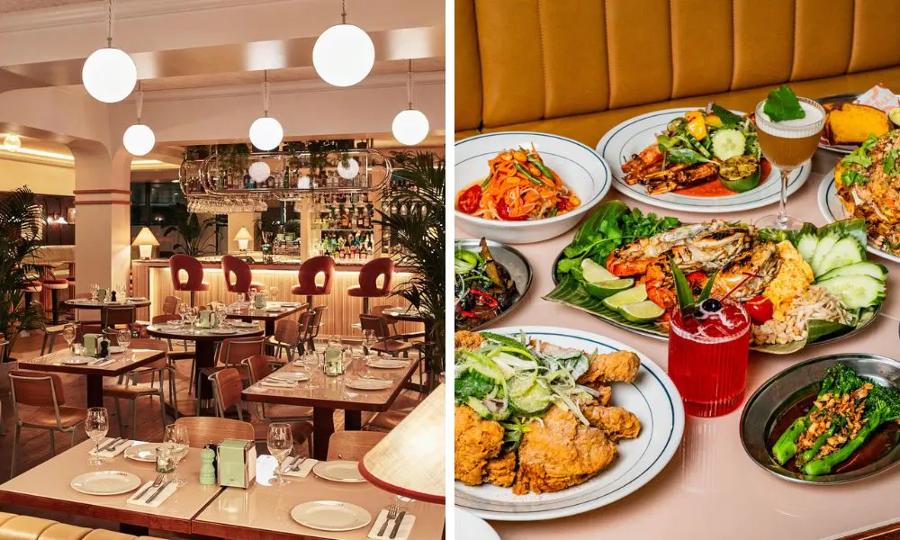 diner-style interiors and a selection of Thai dishes on a table