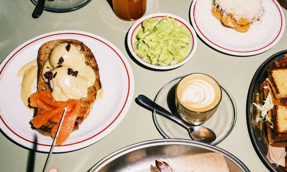 smoked salmon guacamole and latte at brunch