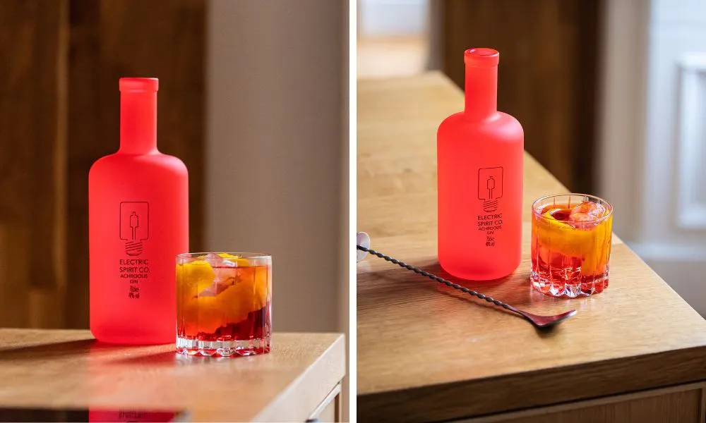 red bottle of gin with a negroni
