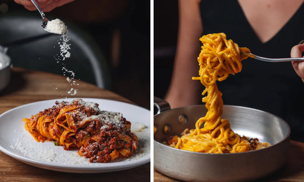 pasta wish ragu and parmesan at mele e pere