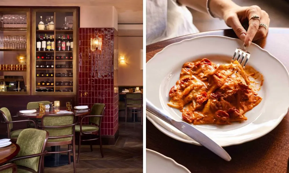 glamorous restaurant interiors and a bowl of pasta and toamto sauce