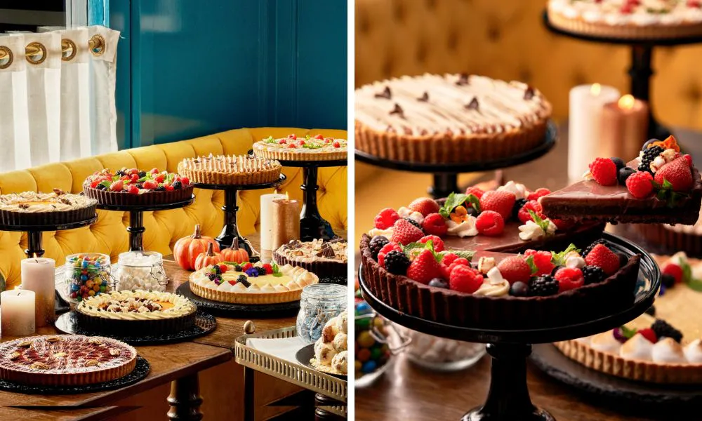 selection of pies and someone cutting into chocolate tart topped with fruit