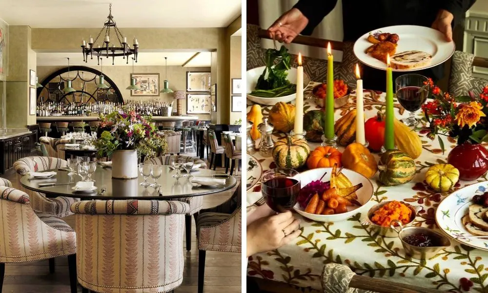 dining room and table decorated with candles and pumpkins