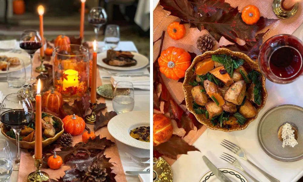 thanksgiving table with candles and pumpkins and side of potatoes