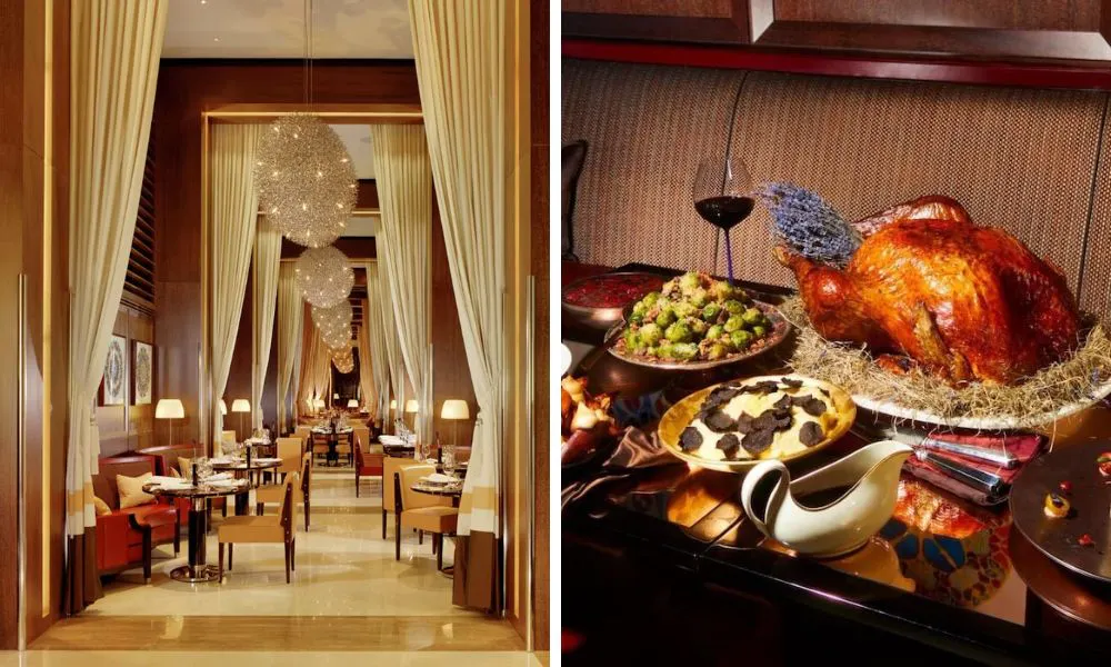 interiors of restaurant and turkey dinner