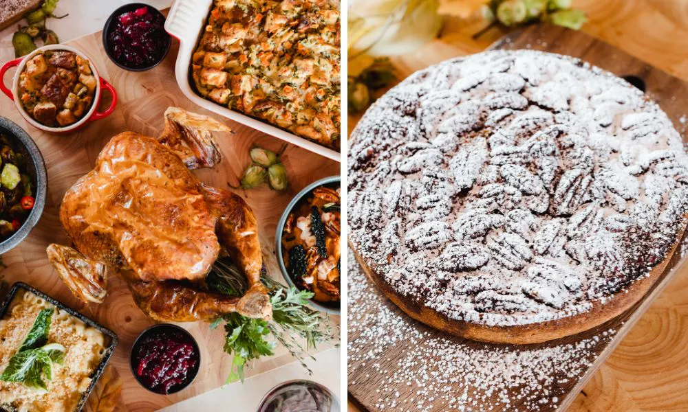 whole turkey and and cake dusted with icing sugar