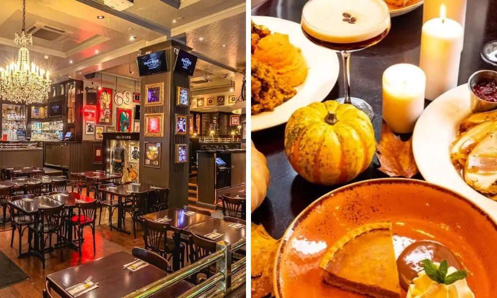 large dining room at hard rock cafe and thanksgiving meal