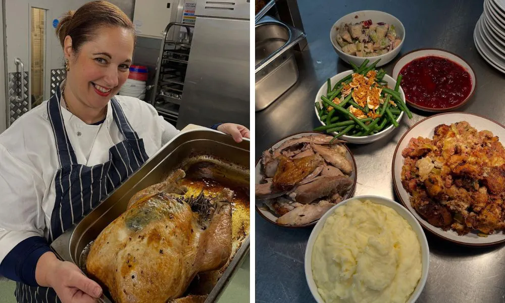 chef bridget with a thanksgiving turkey and all the trimmings