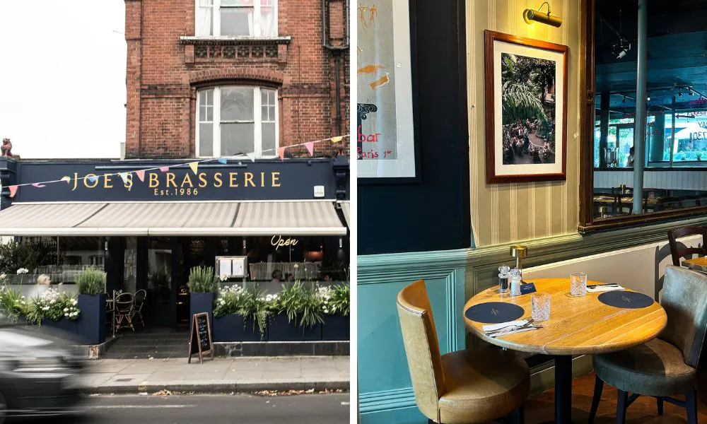 exterior shot of joe's brasserie and table of two