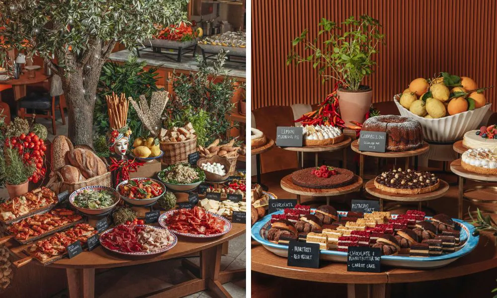 thanksgiving buffet and desserts with labels