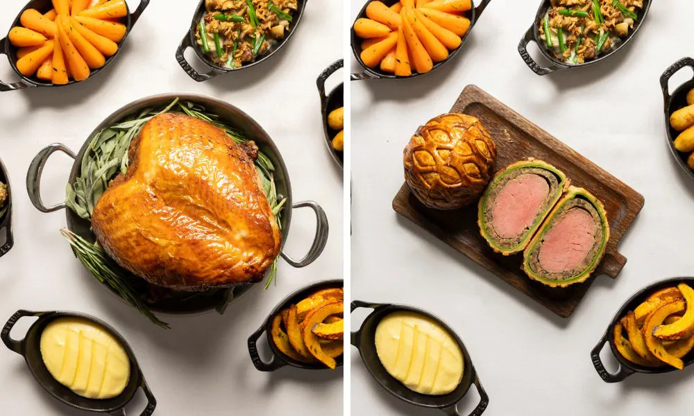 whole turkey and wellington sliced in half