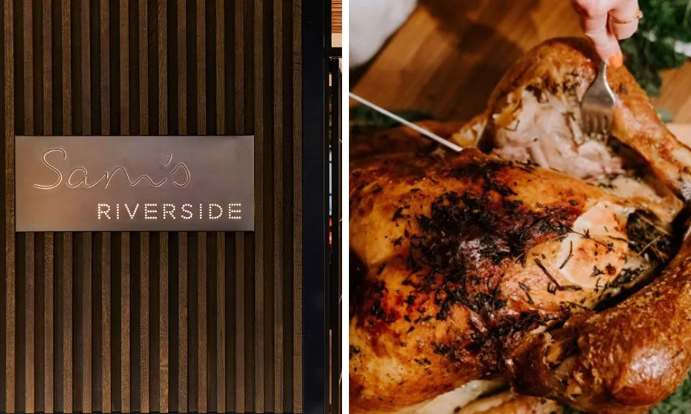 signage for sams riverside and turkey being carved