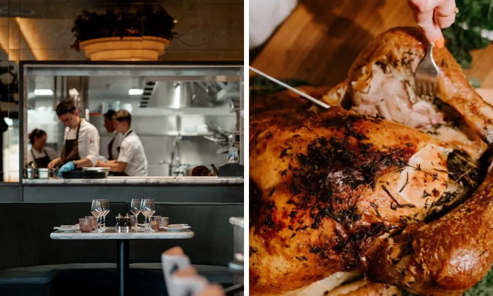 chefs working in a kitchen and turkey being carved