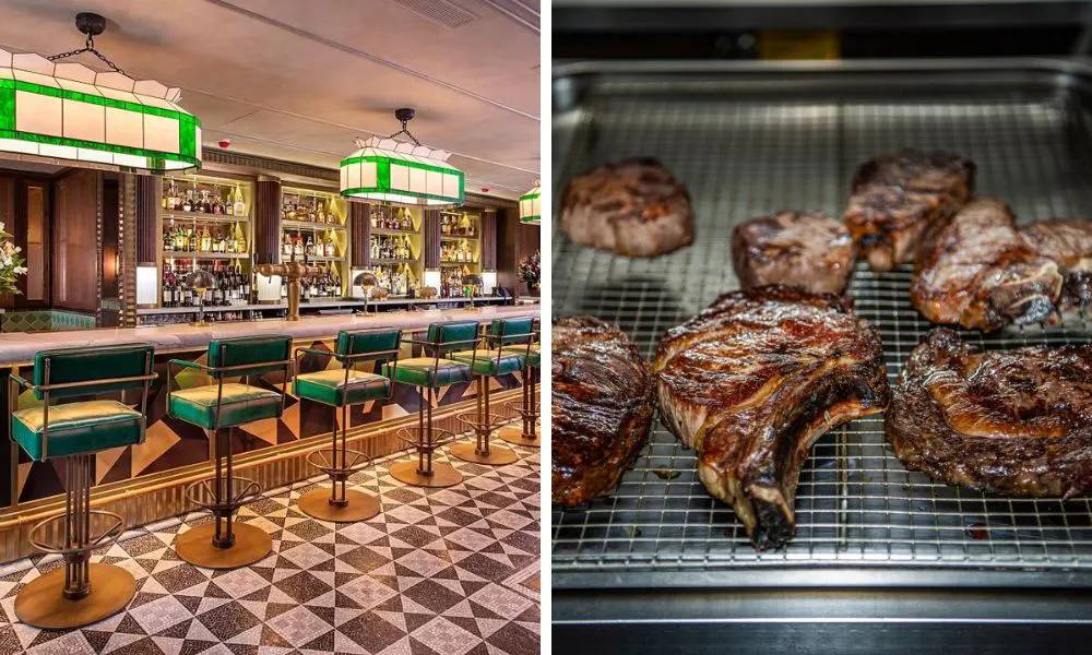 blue coloured bar area and steaks being cooked on a grill